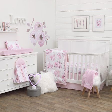 The NoJo Dreamer Watercolor Floral 8-Piece crib set has everything you need in one convenient set! The 8-Piece set includes a comforter, two printed sheets, dust ruffle, diaper stacker, changing pad cover, pillow and blanket, all in soft feminine shade of pink, rose, grey and white. The cabbage rose floral design is perfect for a little girl's nursery. This adorable collection is made of silky soft 100% Cotton Sateen fabrics, with a 200 thread count. The 30 x 40" coral fleece blanket and changin Bee Watercolor, Floral Crib Bedding, Pink Crib, Best Crib, Baby Crib Bedding, Bedding Sets Online, White Nursery, Crib Sets, Nursery Crib