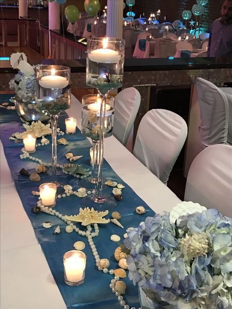 Wedding Decorations Sea Theme, Underwater Quince Theme, Sea Themed Quinceanera, Under The Sea Elegant Party, Under The Sea Banquet Theme, Quince Under The Sea Theme, Deep Sea Wedding Theme, Under The Sea Prom Ideas, Underwater Quinceanera Sea Theme