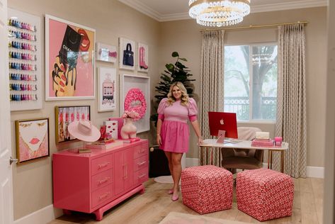 My Pink Glam Home Office — Sassy Red Lipstick Girly Office Space, Space Barbie, New Baseboards, Barbie Office, Dark Masculine, Girly Office, Glam Office, New Floors, Pink Glam