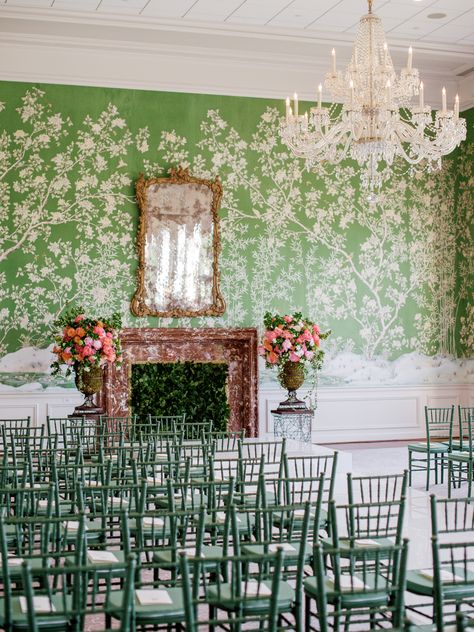 The Something Blue team traveled to Houston to make the beautiful bride’s wedding dreams come true. Bursting with colors and fresh blooms, the Something Blue team incorporated butterflies and bright, beautiful colors at every turn. That gorgeous green wallpaper was installed in the 1960s, and it created the perfect backdrop for the couple’s ceremony. Venue: River Oaks Country Club Photo: @RachelHavel Floral: Events in Bloom Linen: La Tavola #HoustonWedding #GreenWedding Instagram Wedding, Houston Wedding, Team Blue, Country Club Wedding, Ceremony Venue, Wedding Dreams, Club Wedding, Green Wallpaper, Wedding Design