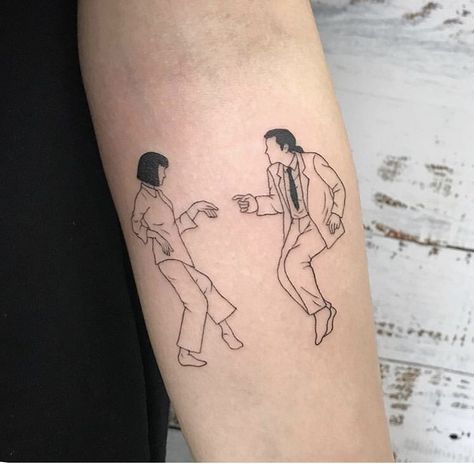 Pulp Fiction Dance Tattoo, Pulp Fiction Tattoo Minimalist, Simple Movie Tattoos, Pulp Fiction Tattoo Ideas, Pearl Tattoo Movie, Two People Dancing Tattoo, Han Solo Tattoo, Dance Tattoo Designs, Tarantino Tattoo Ideas