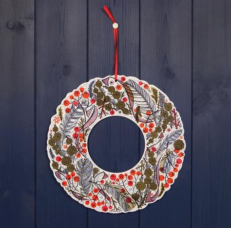 A Winter Wreath - Angie Lewin Scandinavian Christmas Ornaments, Angie Lewin, School Art Activities, Ceramic Christmas Decorations, Wreath Illustration, Woodcut Art, Pottery Workshop, Screen Printed Fabric, Free Motion Embroidery