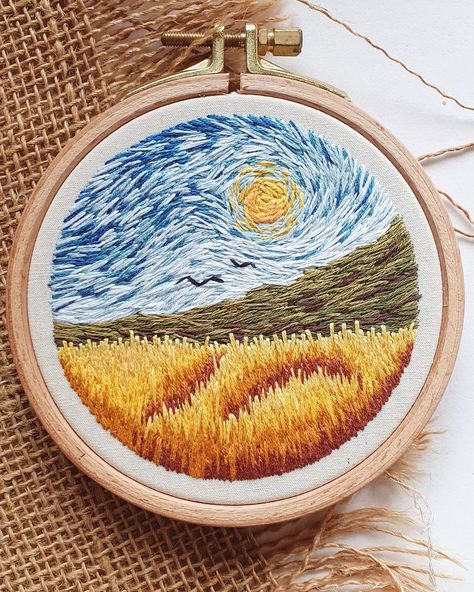 Uma paisagem inspirada nas pinturas de Van Gogh 💛 Aí eu fui toda feliz mostrar essa arte pro mozão @victorvztt e ele: "Olha que legal… | Instagram Van Gogh Embroidery, Can Gogh Embroidery, Van Gogh Embroidery Simple, Stary Night Embroidery Pattern, Impressionist Embroidery, Impressionism Embroidery, Embroider Ideas, Yarn Painting, Clothes Embroidery Diy