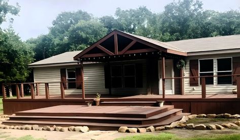 Mobile Home Decking: 7 Things to Know Mobile Home Wrap Around Porch, Mobile Home Deck Ideas, Mobile Home Decks And Porches, Mobile Home Siding, Mobile Home Deck, Double Wide Remodel, Home Deck, Mobile Home Exteriors, Deck Remodel