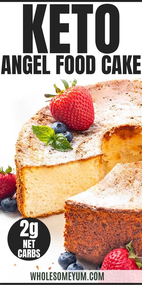 Low Carb Keto Angel Food Cake Recipe - Fluffy keto angel food cake makes the best light dessert! This low carb angel food cake recipe with almond flour and coconut flour has only 2g net carbs per slice. #wholesomeyum #keto #ketodessert #ketocake #angelfoodcake #summerdessert #lowcarbdessert Keto Angel Food Cake, Recipe With Almond Flour, Light Dessert, Postre Keto, Keto Friendly Desserts, Keto Cake, Low Carb Sweets, Keto Food List, Low Carb Recipes Dessert