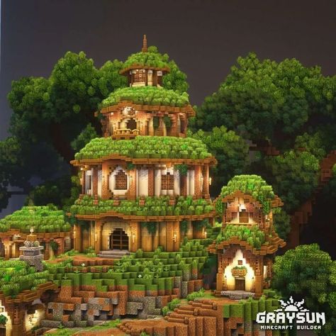 Graysun | Minecraft Content Creator on Instagram: “Minecraft - Ferngully Village 🏘 This village is made with those epic hut design I made with the Fergully Fortress collab with…” Minecraft Jungle House Ideas Survival, Jungle Biome Builds, Jungle Mountain House Minecraft, Minecraft Facade Ideas, Minecraft Natural House, Jungle Kingdom Minecraft, Minecraft Jungle House Tutorial, Minecraft Woodland Cottage, Jungle Mansion Minecraft