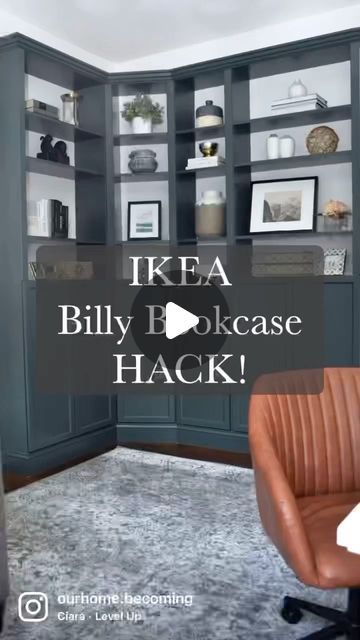 Billy Bookcase And Fireplace, Closed Book Shelf Ideas, Ikea Brimnes Bookcase Hack, Small Room Library, Billy Bookcase Hack Built Ins, Ikea Library Hack, Built In Billy Bookcase, Small Library Design, Billy Bookcase Office