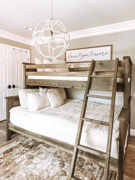 Twin Over Queen Bunk Bed, Farmhouse Bunk Beds, Room With Bunk Beds, Queen Bunk Bed, Bunk Room Ideas, Cabin Bunk Beds, Bunk Bed Room, Bunk Bed Rooms, Adult Bunk Beds