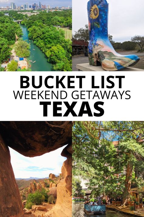 Bucket list weekend getaways in Texas, including Austin, Wimberley, Big Bend National Park, and San Antonio. Weekend Getaway Ideas Texas, Day Trips In Texas, Texas Bucket List Places To Visit, Weekend Trips In Texas, Texas Weekend Trips, Texas Vibes, Texas Travel Weekend Getaways, Texas Weekend Getaways, Texas Getaways