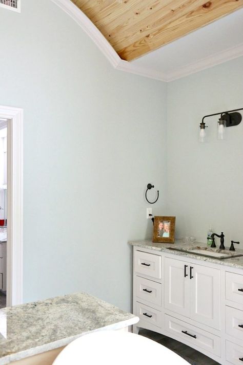 Bathroom paint color is Sea Salt Sherwin Williams. Sea Salt Paint, Sea Salt Sherwin Williams, Home Paint Color, Bathroom Paint, Farmhouse Paint Colors, Popular Paint Colors, Paint Color Schemes, Bathroom Paint Colors, Sherwin Williams Paint Colors