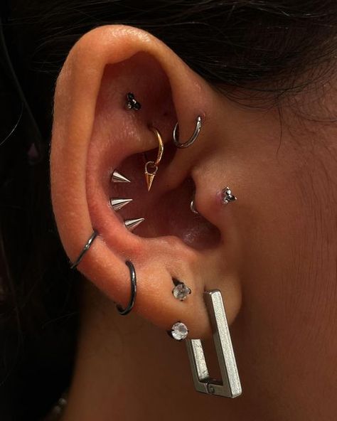 Cool Ear Piercings Punk, Spike Ear Piercing, Tongue Piercing Ideas, Edgy Piercings, Canine Bites Piercing, New Ear Piercing, Unique Ear Piercings, Piercing Inspo, Cool Ear Piercings