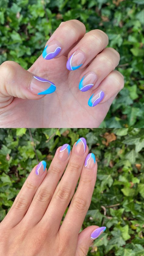 Beautiful gel extensions with blue and purple polish. Cute Blue And Purple Nails, Purple Teal Nails Designs, Teal And Purple Nail Ideas, Purple And Teal Nails Designs, Pink Purple Blue Nails, Purple And Blue Nails Designs, Blue And Purple Nails Designs, Purple And Turquoise Nails, Purple And Teal Nails