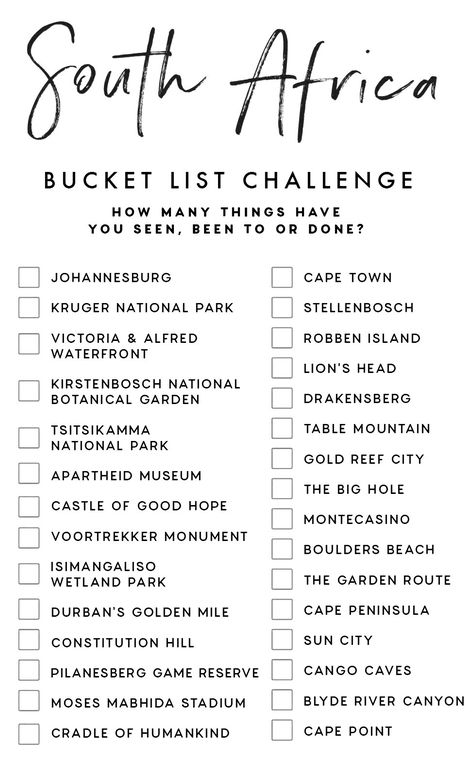 South Africa Bucket List, Bucket List Challenge, Africa Bucket List, South Africa Vacation, Africa Vacation, Travel Infographic, Holiday Travel Destinations, Travel Inspiration Destinations, South Africa Travel