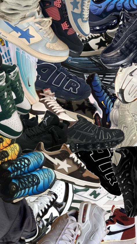 Bapesta Shoes Wallpaper, Shoe Collage Wallpaper, Jordan Aestetic, Shoes Aesthetic Wallpaper, Shoe Collage, Collage Examples, Nike Shocks, Cool Poster Designs, Themed Collage