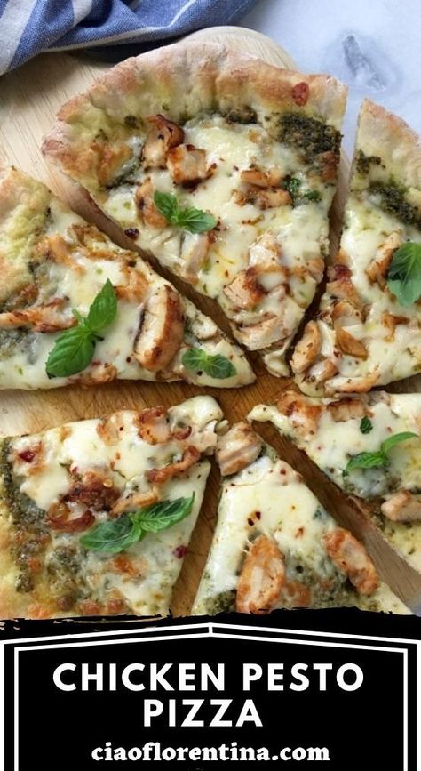 Homemade chicken pesto pizza with the crispiest crust, loads of walnut pesto and a kick from pepper jack cheese. Chicken Pesto Pizza, Pesto Pizza Recipe, Chicken Pizza Recipes, Chicken Pesto, Pesto Pizza, Chicken Pizza, Pesto Chicken, A Pizza, Pizza Recipes