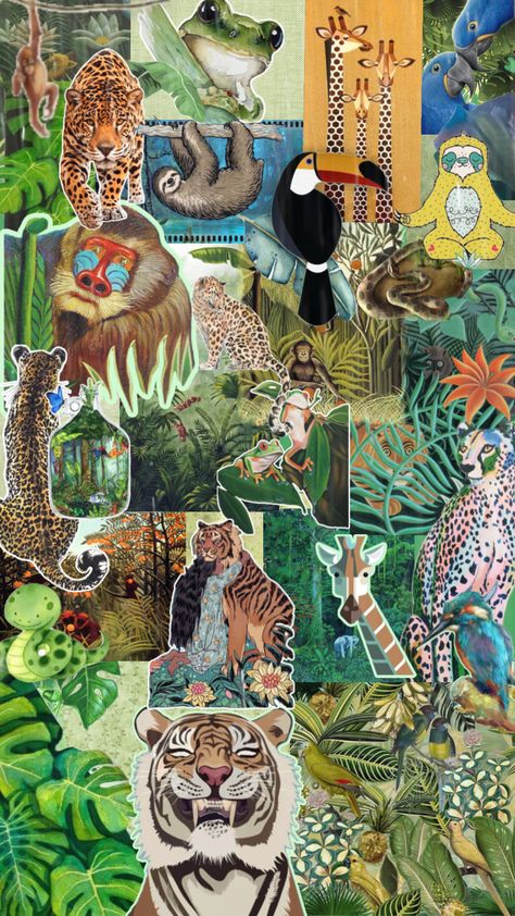 Jungle Collage Art, Zoo Aesthetic Wallpaper, Junglecore Aesthetic, Jungle Mood Board, Zoology Wallpaper, Zoology Aesthetic, Zoo Wallpaper, Jungle Poster, Jungle Aesthetic