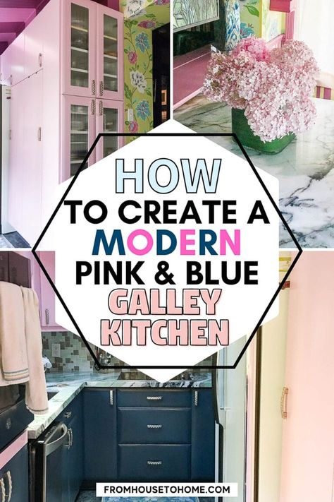 Looking for a fun and gorgeous color combination to update your kitchen? Choose pink and blue! Learn how to remodel a small galley kitchen in pink and blue. Pink Kitchen Blue Cabinets, Navy Blue And Pink Kitchen, Pink And Navy Kitchen, Blue And Pink Kitchen, Pink And Blue Kitchen, Small Galley Kitchen Remodel, Pink Kitchen Walls, Small Room Ideas, Cheerful Kitchen