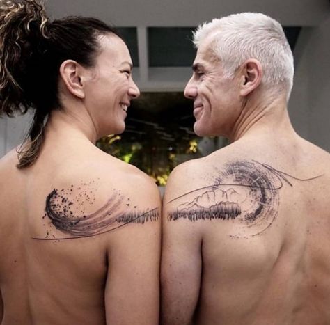 Matching Water Tattoos, Earth Element Tattoo, Wife Name Tattoo, Tattoo Duo, His And Hers Tattoos, Duo Tattoo, Him And Her Tattoos, Partner Tattoos, Couple Tattoos Unique Meaningful