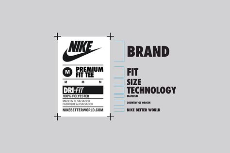 Global communication and neck label system for Nike apparel. The hierarchy of information was designed to be consistent across the brand, incorporate and unify all variations of size, fabric, technology and sub categories. Label Produk, Design Sites, Clothing Labels Design, T Shirt Label, Shirt Label, 카드 디자인, Shirt Design Inspiration, Tag Design, Woven Labels