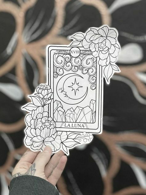 Terro Cards Tattoos, The Moon Tattoo Tarot, Moon Card Tattoo, The Moon Tarot Card Tattoo, Moon Tarot Card Tattoo, La Luna Tattoo, Tarot Card Tattoo Design, Black Cherry Tattoo, Hairstylist Tattoos