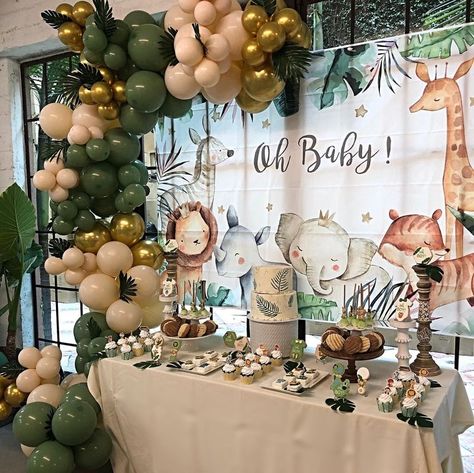 A Wild One Baby Shower Theme, Safari Themed Table Decorations, Zoo Baby Shower Ideas, Gender Reveal Jungle Theme, Jungle Baby Shower Theme Boy, Baby Animal Shower Theme, Safari Jungle Baby Shower Ideas, Safari Baby Shower Dessert Table, Neutral Safari Baby Shower Ideas