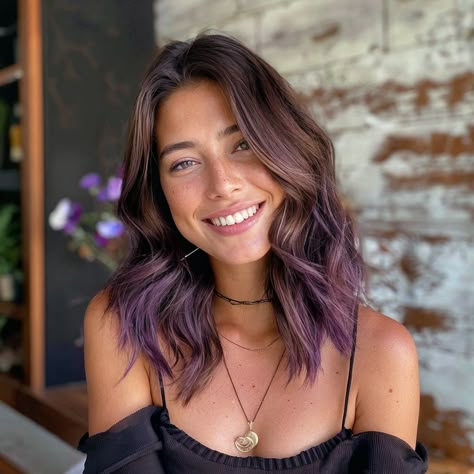 Purple With Dark Brown Hair, Dark Brown Hair With Tint Of Purple, Purple Balayage Light Brown Hair, Chocolate Hair With Purple Highlights, Purple Hair Subtle, Pastel Purple Highlights Brown Hair, Purple In Brunette Hair, Dark Brown Hair With Pops Of Color, Dyed Hair On Brown Hair