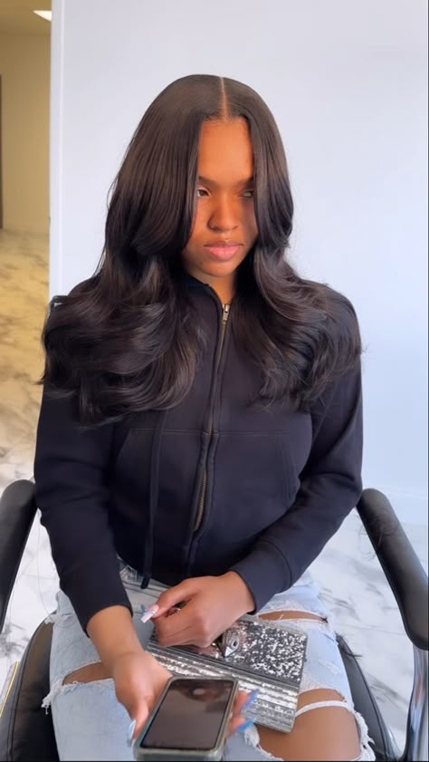 Middle Part Closure Sew In Straight, Layered Hair Middle Part, Jasmines Aesthetic, Sew In Leave Out Middle Part, Middle Part Sew In With Layers, Middle Part Closure Sew In, Layered Sew In Weave Middle Part, Middle Part See In Leave Out, Middle Part Sew In Hairstyles