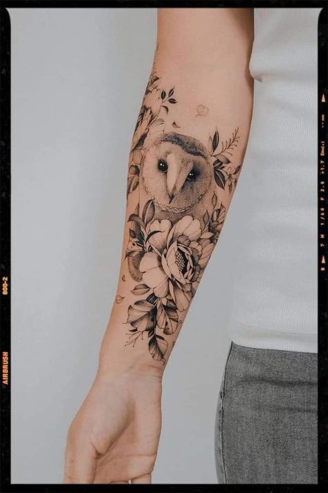 Tree Owl Tattoo, Owl And Dragon Tattoo, Owl Tattoo Calf, Mom Owl Tattoo, Forearm Owl Tattoo Women, Creative Owl Tattoo, Owl Tattoo For Women Forearm, Owl And Rose Tattoo Design, Owl And Eagle Tattoo