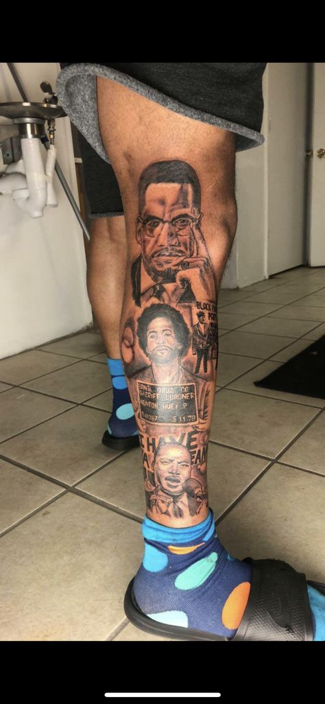 Blm Leg Sleeve, Black Leaders Tattoo, Pro Black Tattoos Ideas, African American Tattoos Men, Half Sleeve Leg Tattoo Men, Mlk Tattoos, Black Power Tattoo Men, Blm Tattoos, Black People Tattoos Men