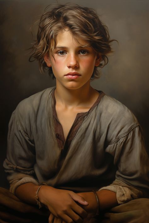 Peasant Boy Aesthetic, 12 Year Boy, Farming Activities, Peasant Boy, Brown Hair Male, Village Boy, Light Brown Eyes, Peasant Art, Sandy Hair