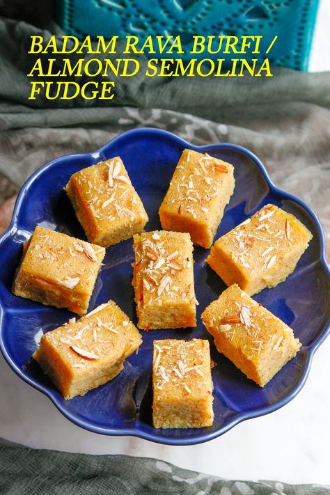 Badam Rava Burfi / Badam Suji Burfi / Almond Semolina Fudge is melt in the mouth and super delicious. If you love Suji Halwa, you must try this recipe. It is easy, quick, and we can make it ahead of time for any festival or celebration. This dessert is not only delicious but also high in nutrition, as it is made of semolina and almonds. Suji Halwa, Pakistani Desserts, Easy Indian Dessert Recipes, Easy Indian Dessert, Burfi Recipe, Sugar Free Sweets, Dessert Recipies, Sweet Dishes Recipes, Indian Dessert Recipes