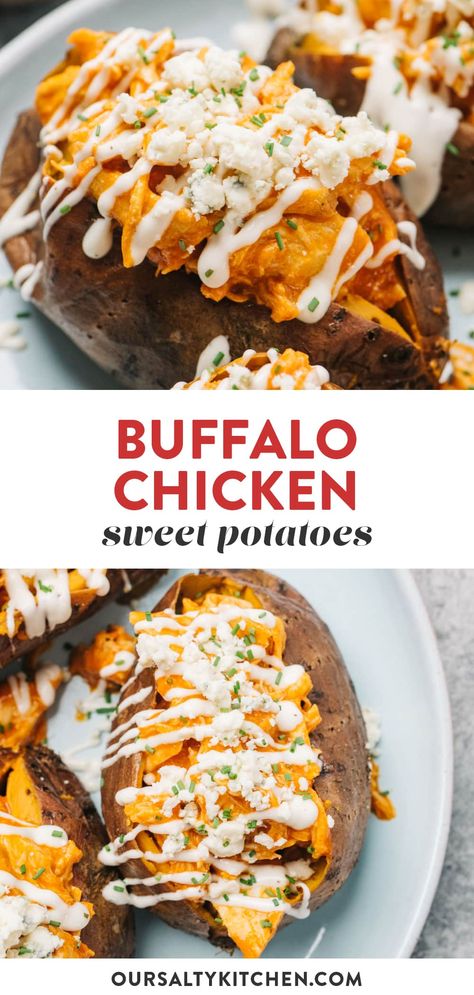 Buffalo Chicken Stuffed Sweet Potatoes, Sweet Potato Dinner, Chicken Potato Bake, Wing Sauce Recipes, Stuffed Sweet Potatoes, Baked Buffalo Chicken, Loaded Sweet Potato, Shredded Chicken Recipes, Healthy Buffalo Chicken