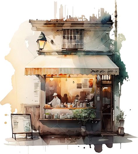 Tea Shop Drawing, Cafe Watercolor Painting, Paints And Brushes, Glass Shelves Decor, Tea Restaurant, Asian Tea, Street Coffee, Cute Coffee Shop, House Clipart