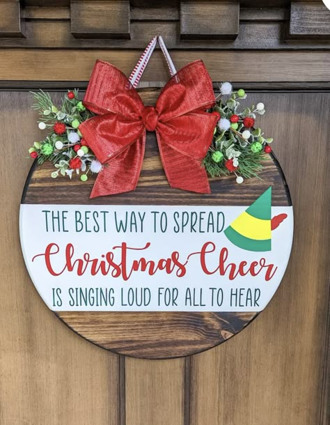 Wooden Cricut Signs, Elf Themed Christmas Decor, Buddy The Elf Christmas Decorations, Christmas Wooden Door Hangers, Christmas Door Hangers Wooden, Elf Signs, Holiday Crafts To Sell, Christmas Door Signs, Plant Curtain