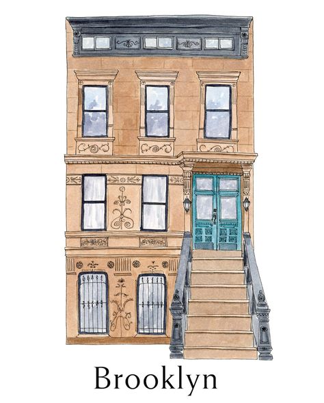 Brooklyn Brownstone Art Print Giclee Poster Watercolor - Etsy Brownstone Illustration, Nyc Brownstone, New York Brownstone, House In New York, Watercolor Travel, Brooklyn Brownstone, Fall Art Projects, Travel Painting, City Wall Art