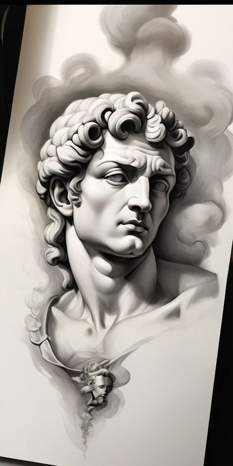 Dios Griego Tattoo, God Statue Tattoo, Greek Mythology Tattoo Design, Sculpture Tattoo Design, Statue Tattoos, Statue Tattoo Design, Greek Statue Tattoo, Greek Tattoo Design, Sculpture Tattoo