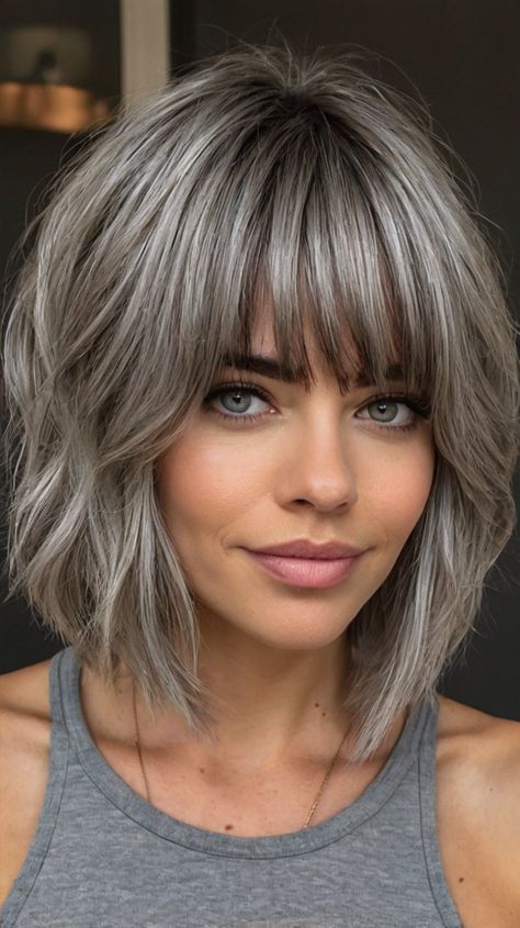 medium length gray hairstyles with bangs Medium Length Hair With Layers Gray, Grey Hair With Bangs Over 50, Med Hair With Bangs, Shoulder Length Grey Hair With Bangs, Gray Medium Length Hair, Grey Hair Bangs, Grey Hair Fringe, Bangs For Round Face Medium Length, Long Gray Hair With Bangs