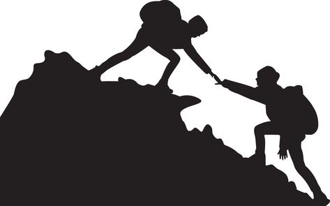 Silhouette of two people hiking climbing mountain and helping each other on top of mountain, helping hand and assistance concept Climbing A Mountain Drawing, Hiking Icon, Trekking Silhouette, Couple Hiking Illustration, Hiker Silhouette Hiking, People Hiking, Someone Climbing A Mountain, Top Of Mountain, Helping Each Other