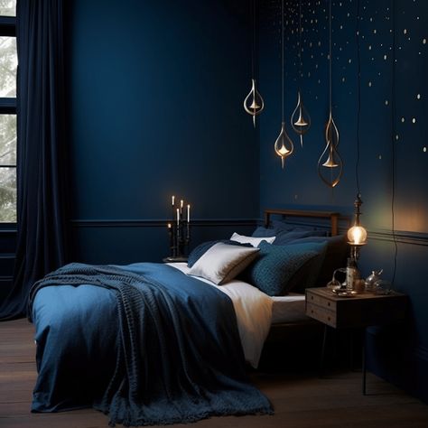 Starry Night Dark Cozy Bedroom Idea Romantic Image Dark Themed Bedroom For Men, Dark Blue Paint Colors For Bedroom, Midnight Blue Accent Wall, Dark Color Bedroom Ideas, Deep Blue Room, Dusk Bedroom, Dark Blue Ceiling, Blue Master Bedrooms Decor, Deep Blue Bedroom