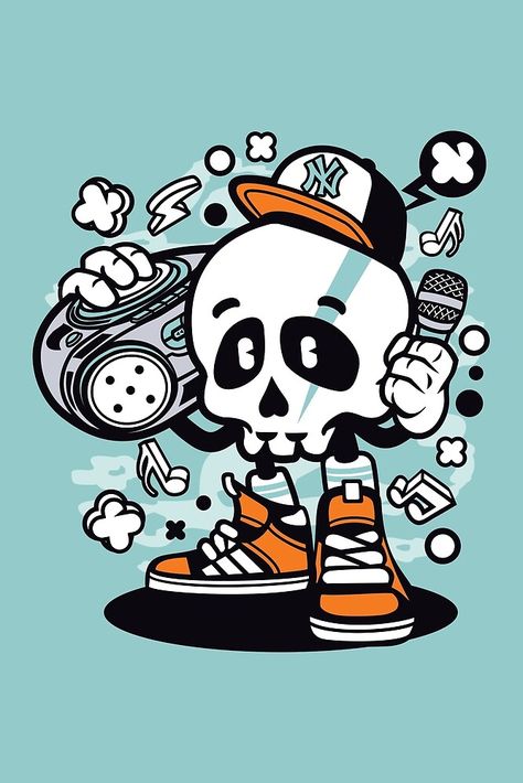 Boombox Skull Cartoon Character - Fun old school - Memories of old-school sounds, Boombox style, a great gift for those a little crazy! Old Style Cartoon, Skull Cartoon, Product Website, Sneakers Wallpaper, Sticker Illustration, Cartoons Dancing, Lion Head Tattoos, Pop Illustration, Graffiti Doodles