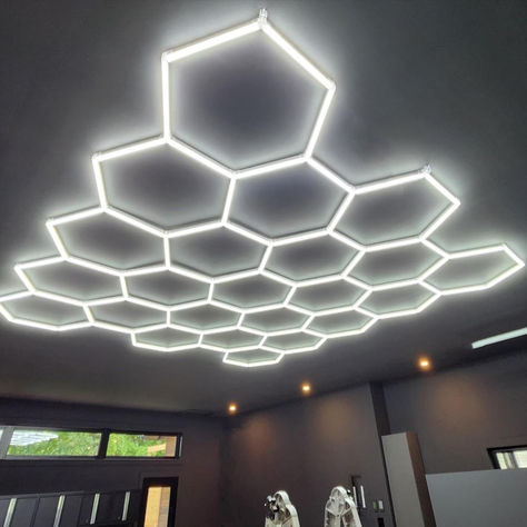 DIY Plug-in Hexagonal LED Ceiling Lights for Garage Light, Silver, KL-L304B-SW 13‘5’‘ x 12’5‘’ Showroom Garage, Pvc Ceiling Design, Gym Room At Home, Auto Body Repair, Pvc Ceiling, Led Shop Lights, Cable Lighting, Garage Lighting, Ceiling Fan In Kitchen