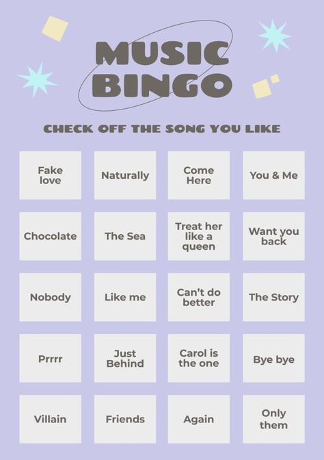 Cool Pastel Music Bingo Card Bridgertons Party, Music Bingo, Nobody Likes Me, Bingo Card Template, Office Music, Bingo Card, Brand Kit, Mamma Mia, Bingo Cards