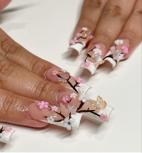 Blossom Tree Nails, Cherry Blossom Nails Short, Japanese Blossom Nails, Cherry Blossom Nails Design, Nails White French Tip, Nails White French, Blossom Nails, Color Trends 2024, Fake Nails White