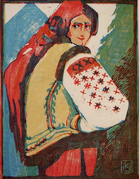 "Hutsulian Woman', 1935, made by one of the greatest Ukrainian woman artists Olena Kulchitska (1877-1967) from Lviv. She worked with graphics, painting, enamel, wood, etc. And she's still not well known. Ukrainian Mythology, Ukrainian Art, Illustration Character Design, Pretty Art, Linocut, Interesting Art, Printmaking, Art Inspo, Art Style