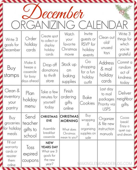 Love this December organizing calendar! This free printable will help me organized my entire holiday to-do list in one spot, with some fun mixed in too! December Christmas Calendar, Organizing Calendar, December List, Holiday To Do List, December Goals, Organization Calendar, Calendar December, Making Lemonade, Christmas To Do List