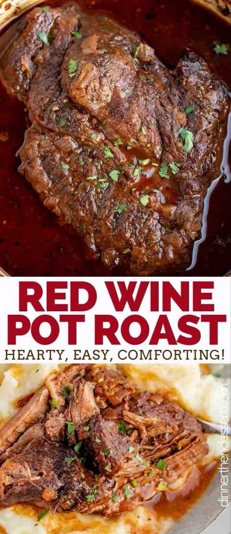 Red Wine Pot Roast made from chuck roast seasoned with herbs, spices and red wine cooked until it is fork-tender. #dutchoven #meat #potroast #beef #redwine #meals #sundaydinners #cooking #dinner #dinnerthendessert Red Wine Pot Roast, Wine Pot Roast, Quick Slow Cooker Meals, Pot Roast Crock Pot Recipes, Roast Beef Sandwich, Delicious Slow Cooker Recipes, Slow Cooker Roast, Crockpot Roast, Pot Roast Slow Cooker