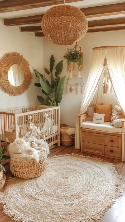 Boho chic nursery with woven textures, natural wood crib, cozy reading nook, and warm, earthy decor elements. Neutral Nursery Ideas, Boho Baby Girl Nursery, Boho Nursery Girl, Neutral Nurseries, Boho Chic Nursery, Boho Baby Nursery, Boho Chic Interior, Dreamy Nursery, Wood Nursery