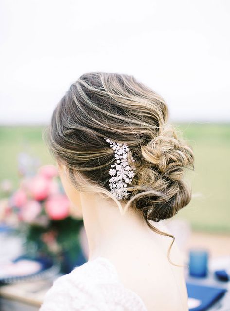 Bridal Side Updo with a Crystal Headpiece Loose Bun Wedding, Bun Wedding Updo, Messy Updo Wedding, Side Swept Updo, Loose Bun, Bun Wedding, White Barn Wedding, Wedding Day Hair, Blonde Bride