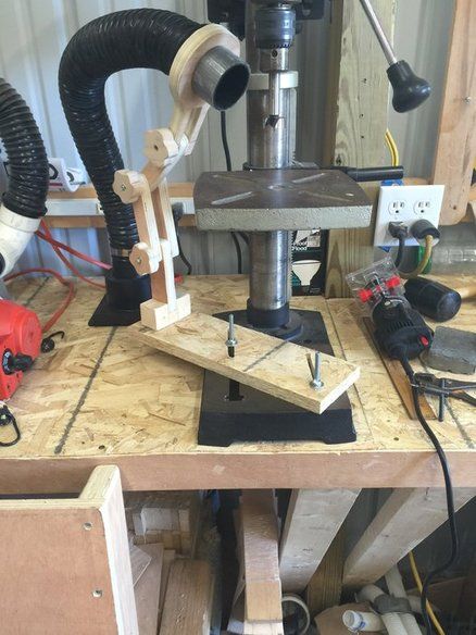 Drill press Dust collection ARM Dust Collector Diy, Creative Woodworking Ideas, Woodworking Plans Storage, Shop Dust Collection, Drill Press Table, Workbench Plans Diy, Creative Woodworking, Woodworking Shop Plans, Woodworking Shop Layout