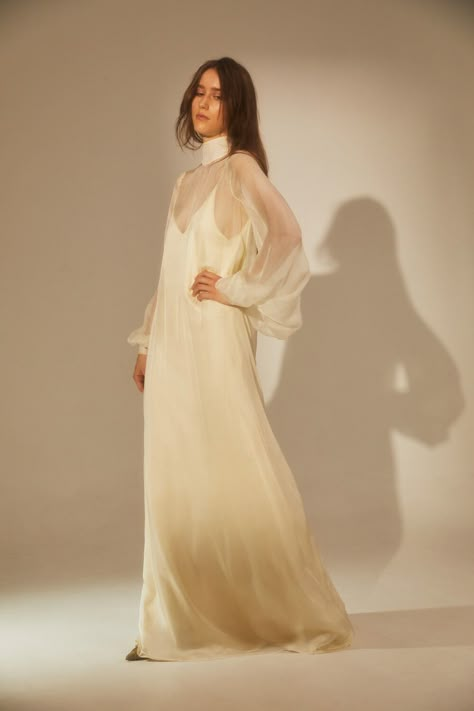 High Neck Billowing Sleeves Sheer Gown | Piece 12 | L'ETO BRIDAL Wedding Dress With Sheer Cape, Bold Color Bridesmaid Dresses, Two Piece Bridal Outfit, Bridal Sleeves Design, Daniel Frankel Bridal, Wedding Dress With Sleeves Boho, Dresses With High Neck, Simple Bride Dress, Danielle Frankel Bridal